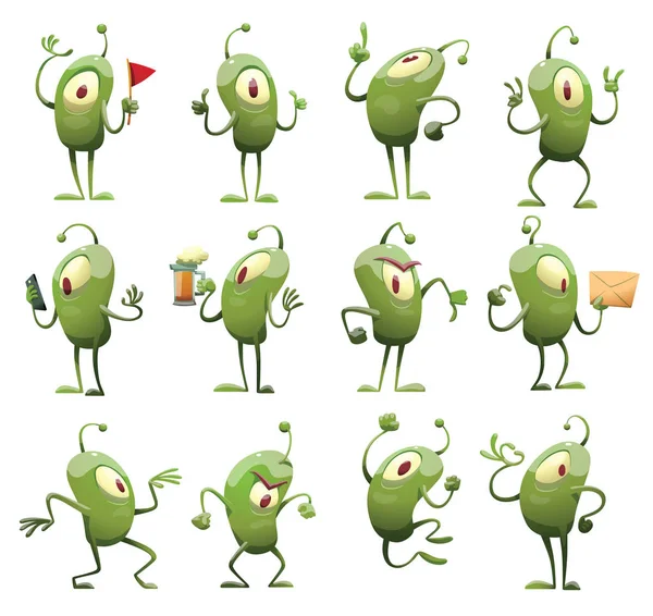 Set de doce divertidos microbios verdes, nuevos — Vector de stock