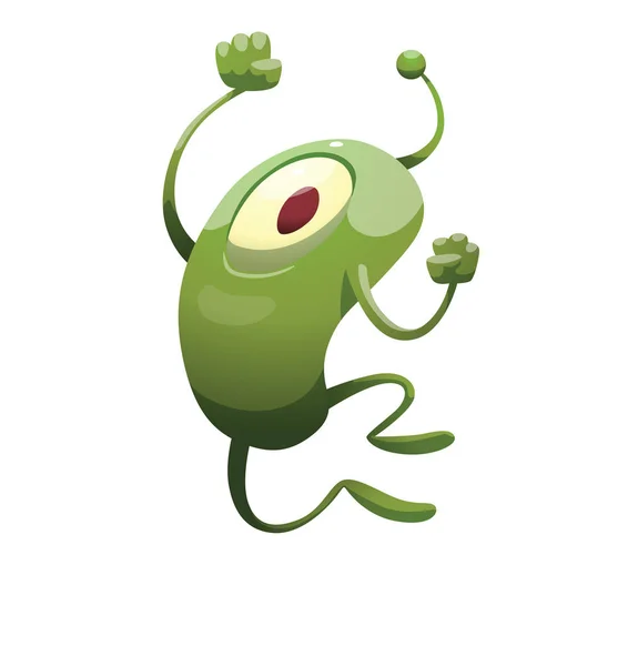 Funny green microbe jumping and rejoicing — Stock Vector