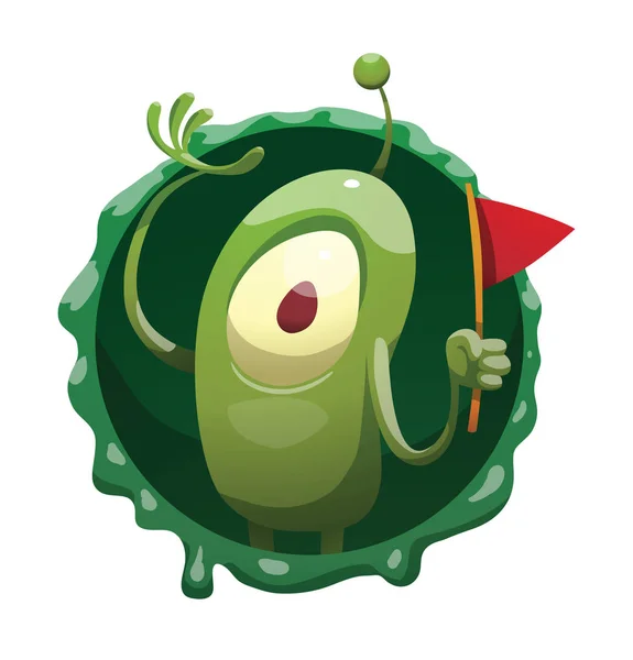 Telaio rotondo, divertente microbo verde con bandiera rossa — Vettoriale Stock
