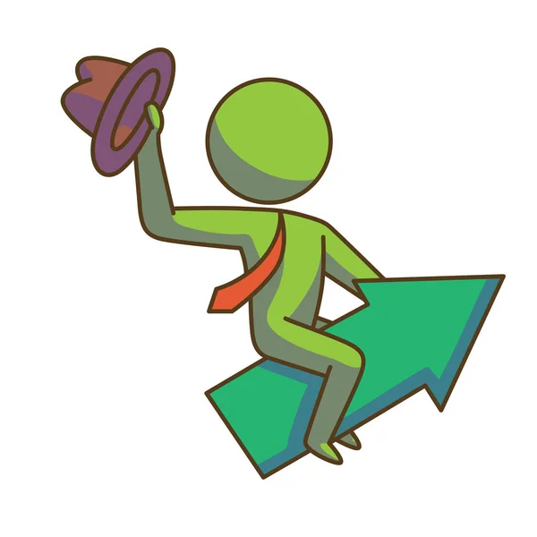 Icono de negocio, hombre de negocios sentado a horcajadas en la flecha, imagen en color — Vector de stock