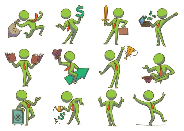 Conjunto de doce iconos de negocios con hombres de negocios verdes, imagen en color — Vector de stock