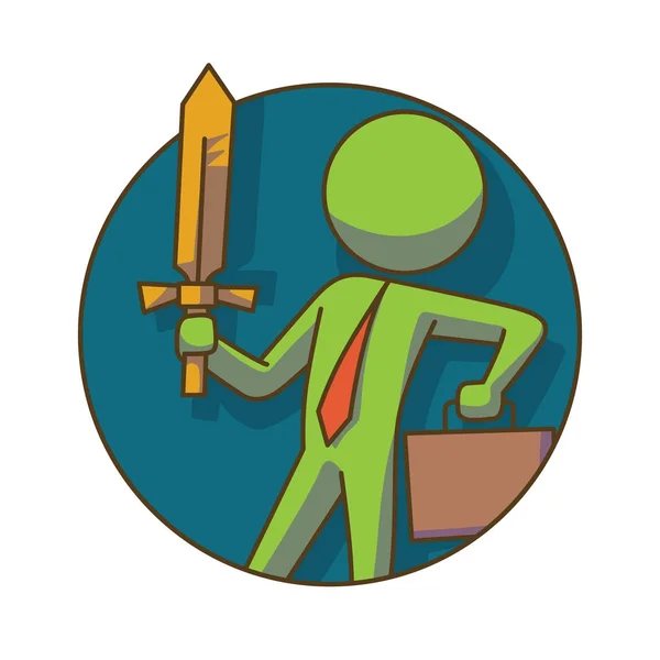 Icono de negocio, marco redondo: hombre de negocios con maletín y espada — Vector de stock