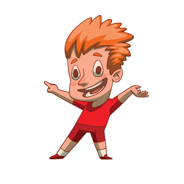 Забавный мальчик с вьющимися рыжими волосами представляет что-то — стоковый вектор