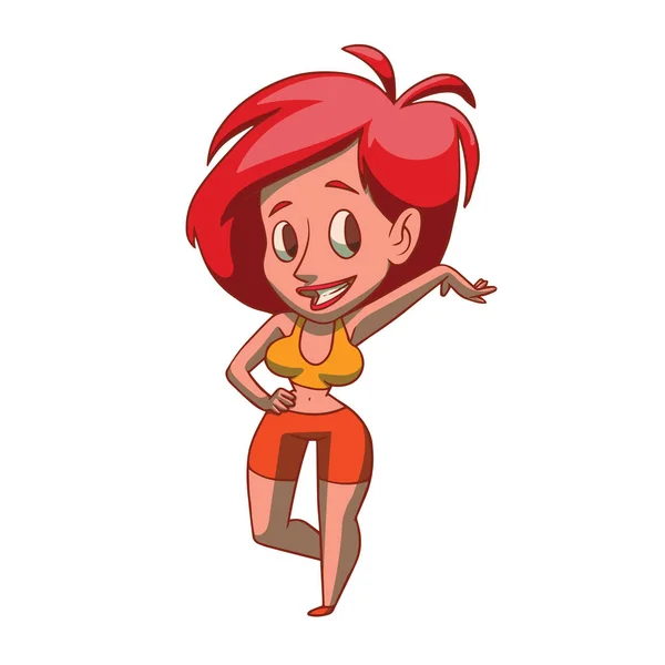 Mujer divertida con el pelo rojo exuberante presentando algo — Vector de stock