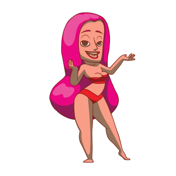 Mulher engraçada com cabelo longo rosa apresentando algo — Vetor de Stock