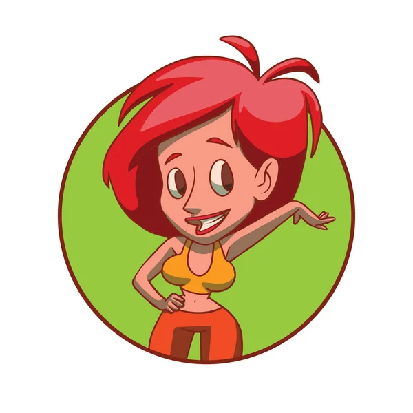 Круглый кадр, смешная женщина с пышными рыжими волосами представляет что-то — стоковый вектор