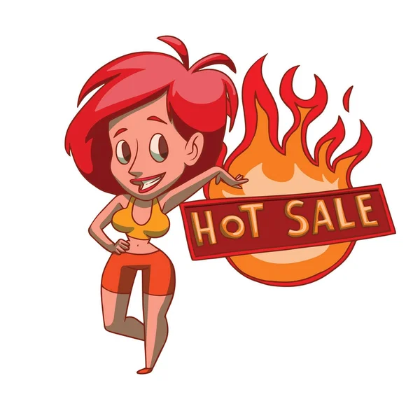 Donna divertente con capelli rossi lussureggianti ed etichetta "Vendita calda " — Vettoriale Stock
