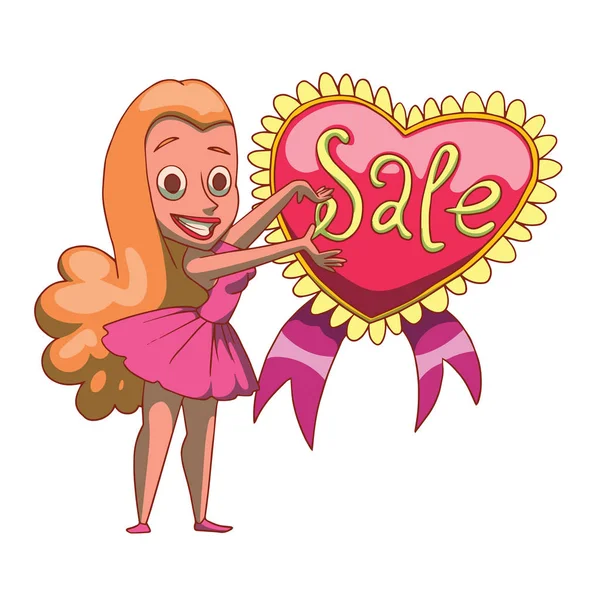 Funny woman with long ginger hair and label "Sale" — Stock Vector