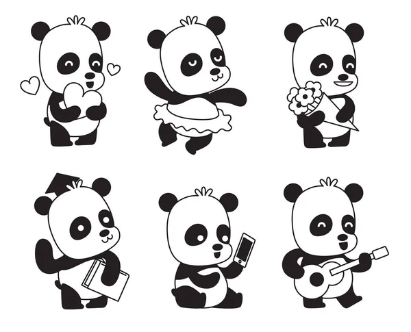 套六可爱的小熊猫, 黑白图像 — 图库矢量图片