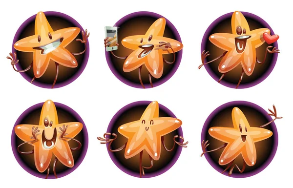 Ensemble de six cadres ronds avec étoiles dorées brillantes drôles — Image vectorielle