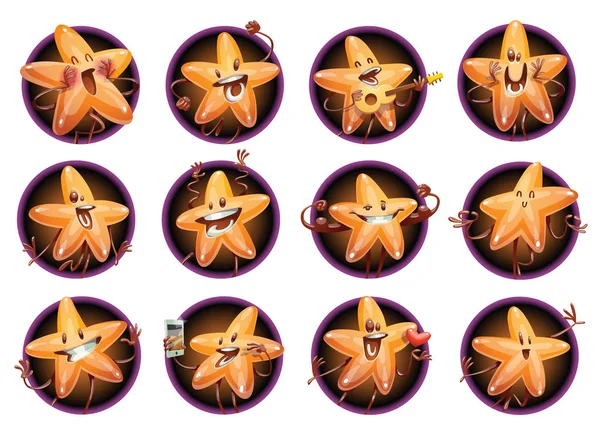 Ensemble de douze cadres ronds avec étoiles dorées brillantes drôles — Image vectorielle