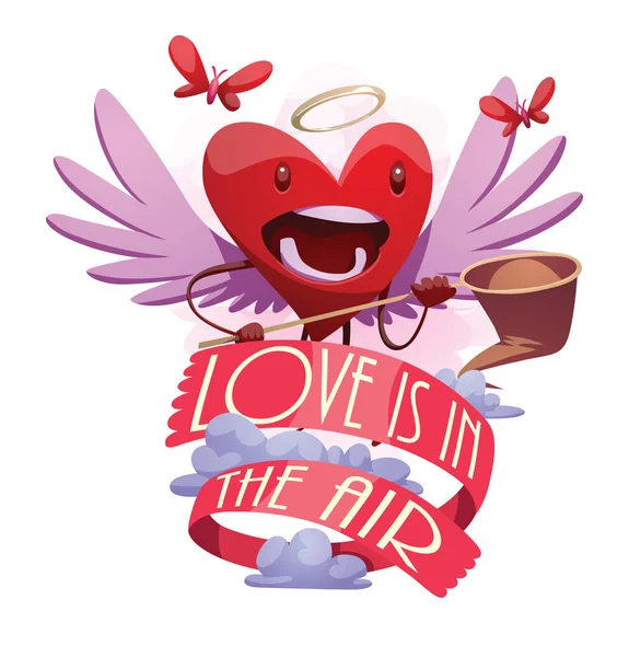 Emblema, engraçado coração vermelho pegando borboletas — Vetor de Stock
