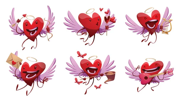 Conjunto de seis divertidos corazones rojos con alas — Vector de stock