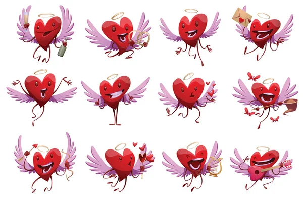 Set of twelve funny red hearts with wings — Stock Vector