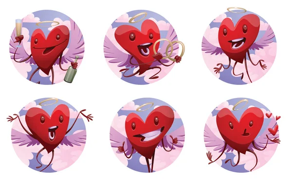 Conjunto de marcos celestiales redondos con divertidos corazones rojos — Vector de stock