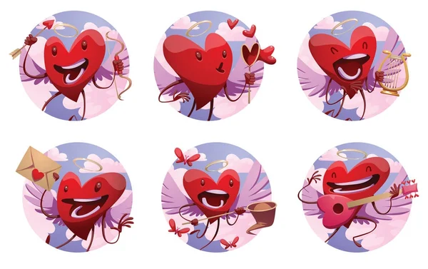 Conjunto de seis marcos celestiales redondos con divertidos corazones rojos — Vector de stock