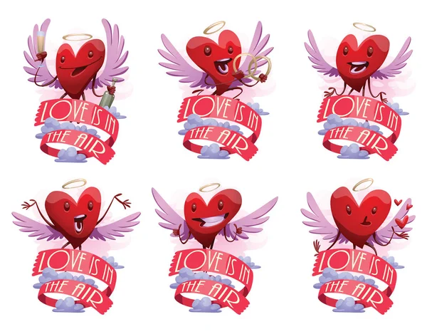Conjunto de emblemas con divertidos corazones rojos — Vector de stock