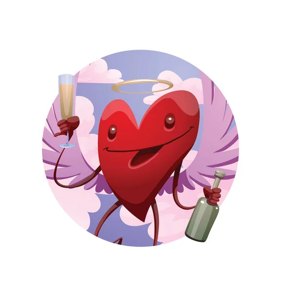 Круглая небесная рамка, смешное красное сердце с шампанским — стоковый вектор