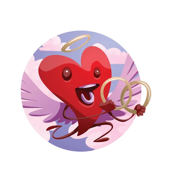 Круглый небесный кадр, смешное красное сердце с обручальными кольцами — стоковый вектор