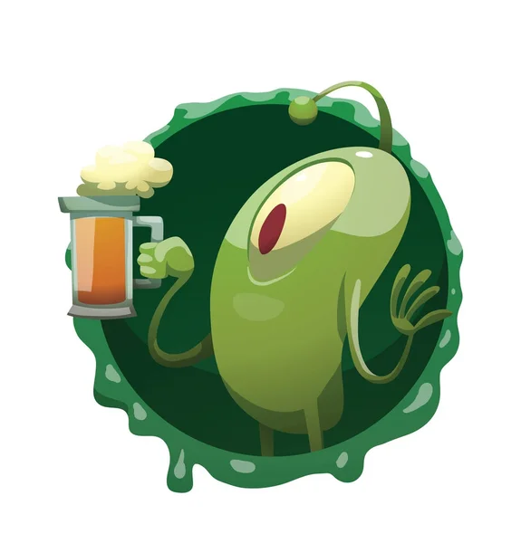 Кругла рамка, смішний зелений мікроб з чашкою пива Ліцензійні Стокові Ілюстрації