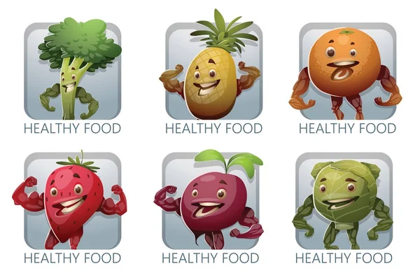 Comida saludable, juego de seis cuadros con frutas y verduras Ilustración De Stock