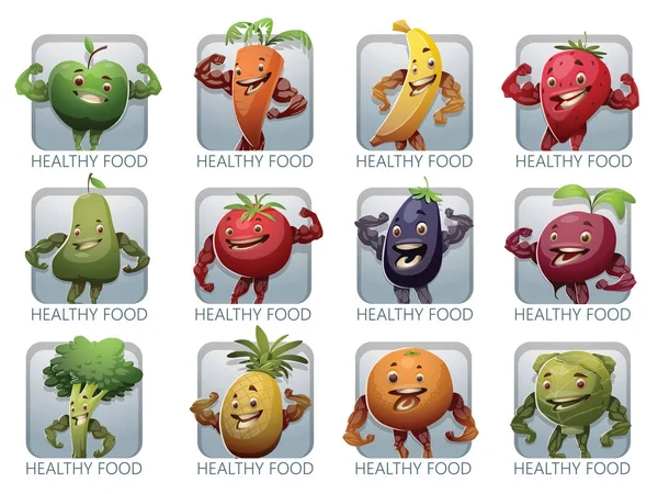 Alimento saludable, juego de doce cuadros con frutas y verduras Gráficos Vectoriales
