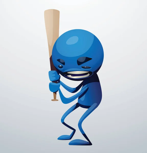 Divertido hombre azul enojado con un bate de béisbol Ilustración De Stock
