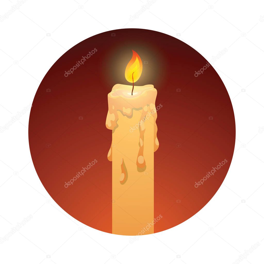 Dark red round frame with long yellow burning candle