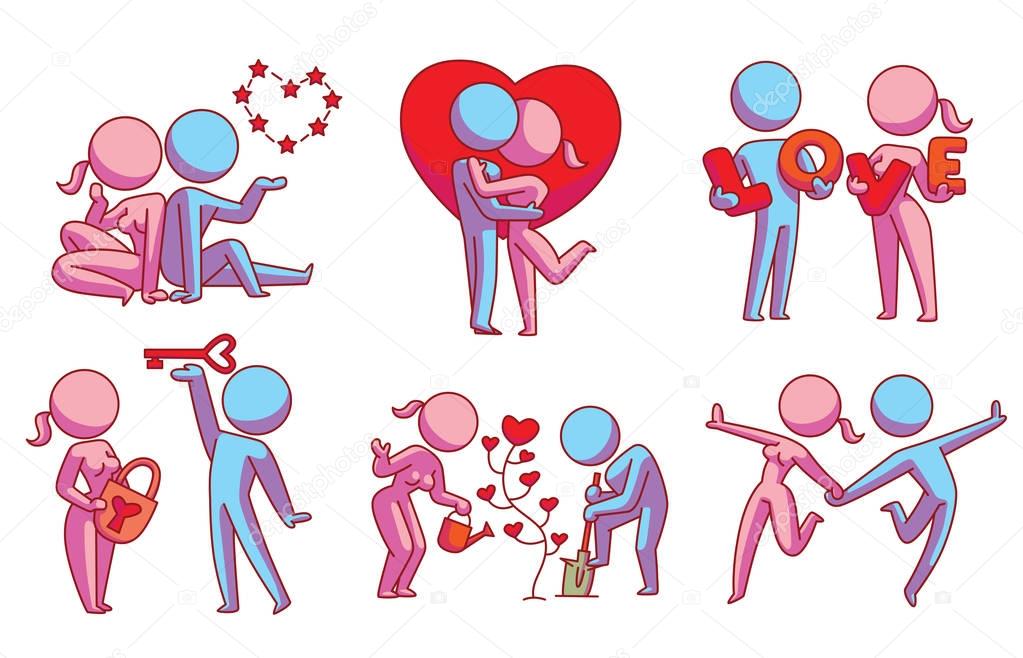 Set of six loving couples with different actions, color image