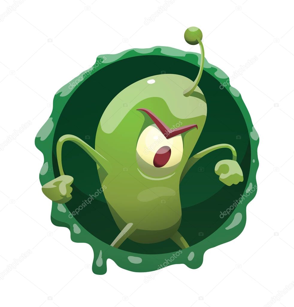 Round frame, funny green microbe angry at something
