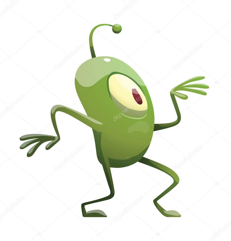 Funny green microbe dancing like an Egyptian