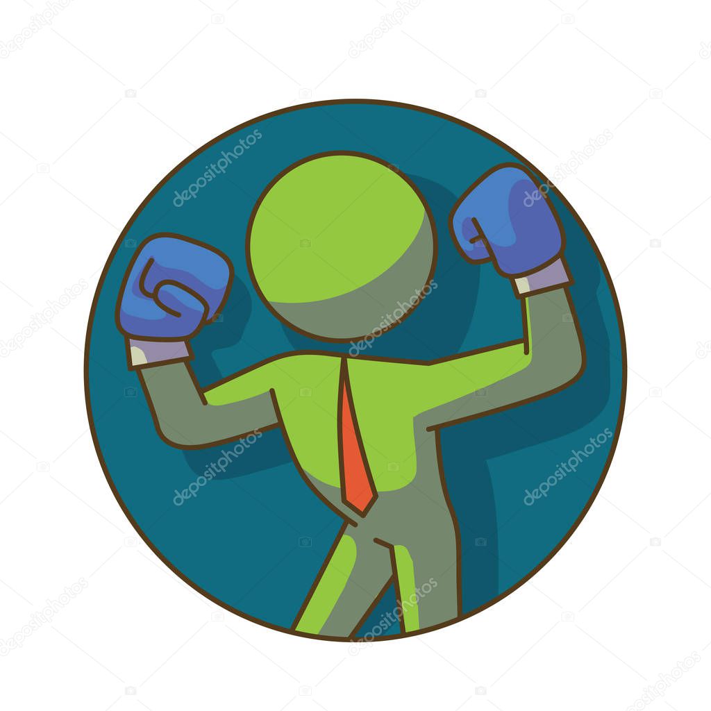 Business icon, round frame: businessman in blue boxing gloves, c