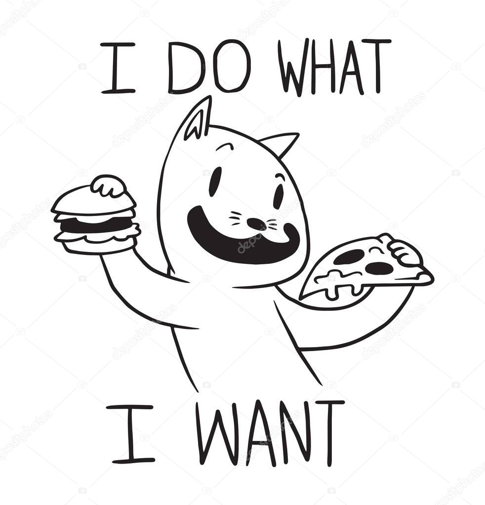 Funny cat with hamburger and slice of pizza, line art