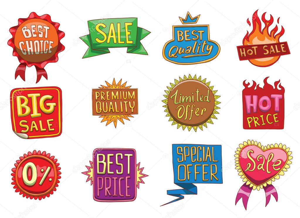 Set of twelve sale labels with advertising slogans, color image