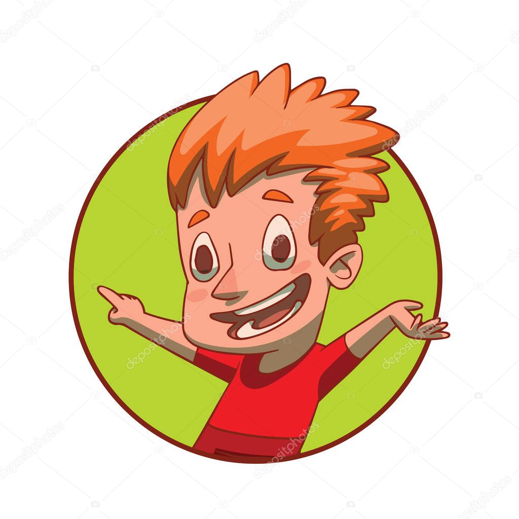 Round frame, funny boy with curly red hair presenting something