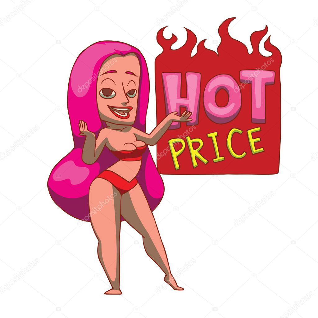 Funny woman with long pink hair and label 