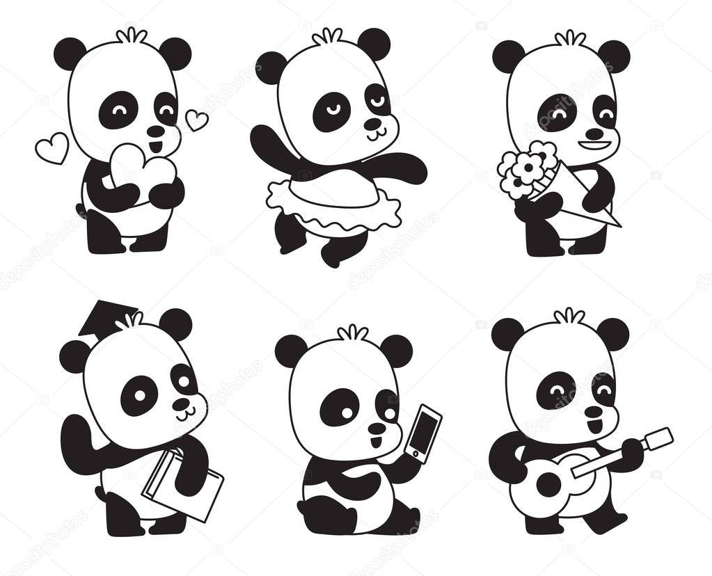 Set of six cute little pandas, monochrome image