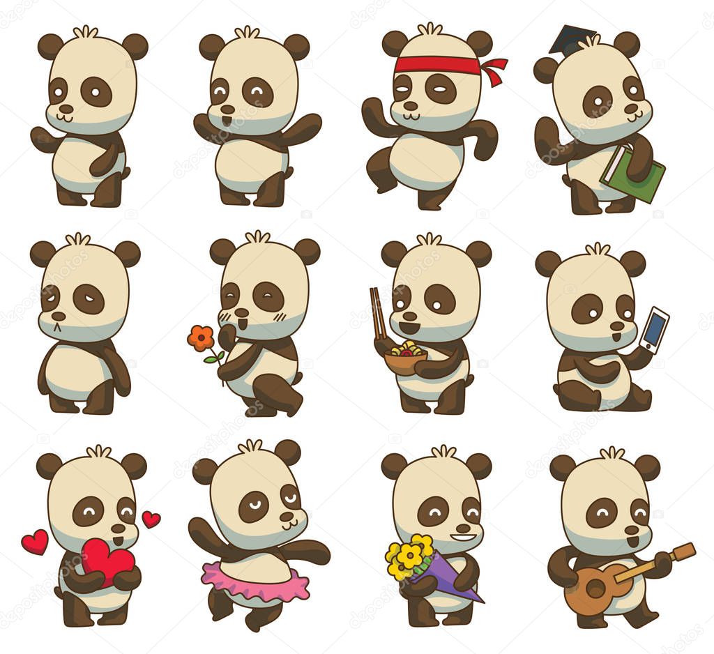 Set of twelve cute little pandas, color image