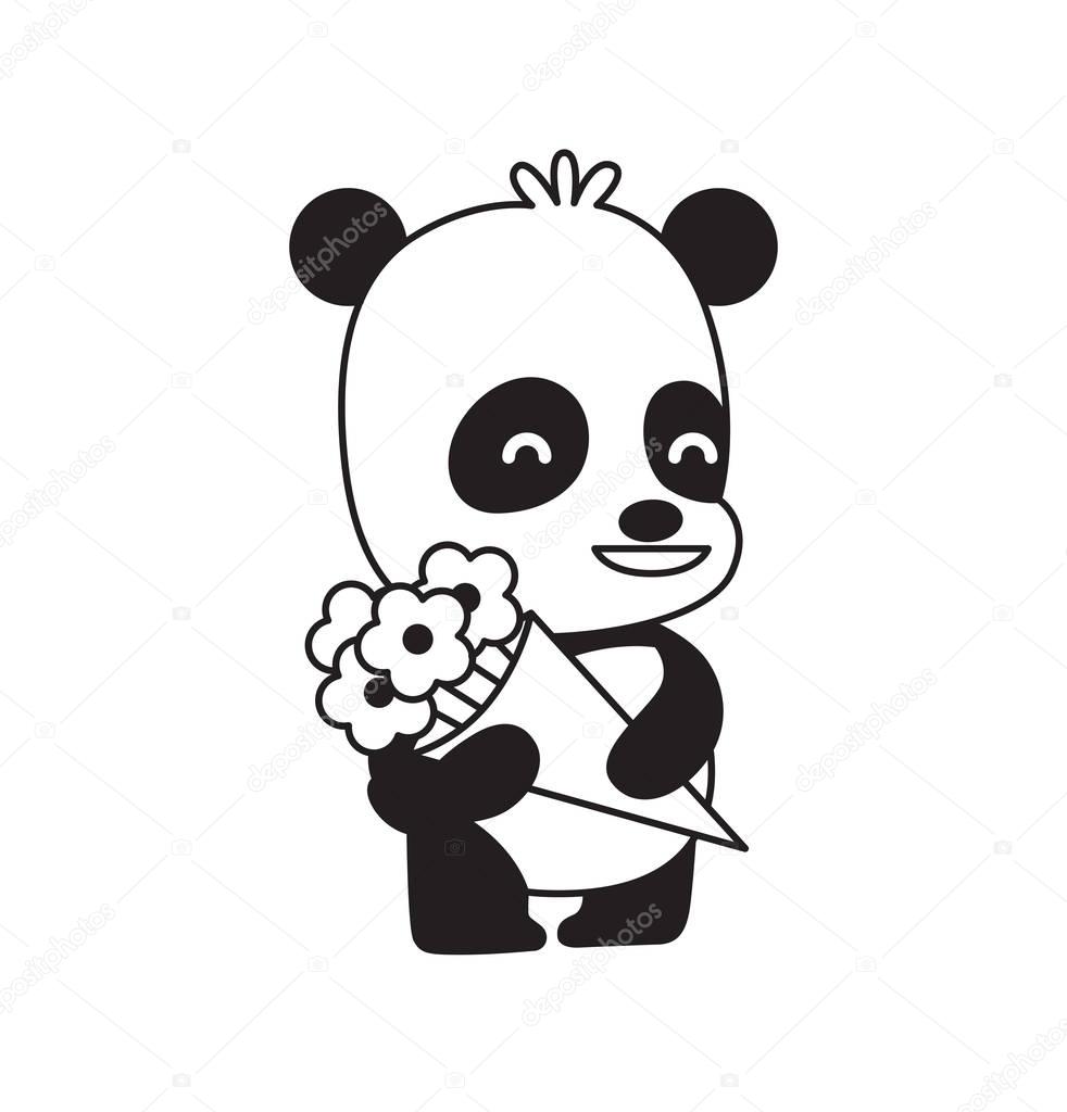 Cute little panda with a bouquet of flowers