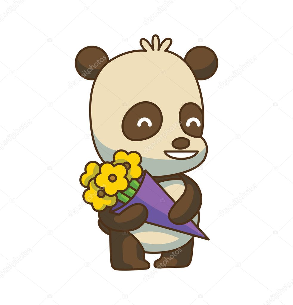 Cute little panda with a bouquet of flowers, color image 
