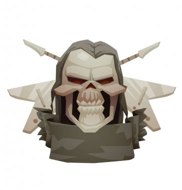 Amblem, uzun siyah saçlı insan kafatası