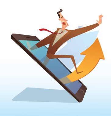 Smartphone, sarı bir ok üzerinde komik iş adamı