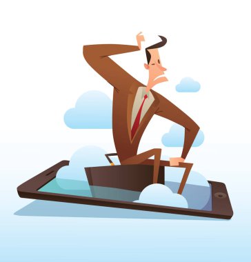 Smartphone, komik işadamı bir evrak çantası üzerinde oturan