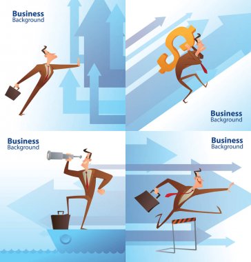 Set of four business backgrounds, funny businessmen with briefca clipart
