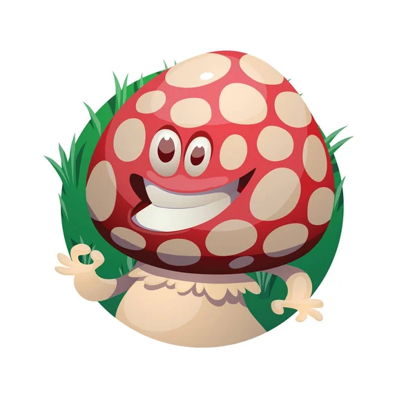 Füves keret, vicces kis boldog amanita-gomba Ok sig mutatja — Stock Vector