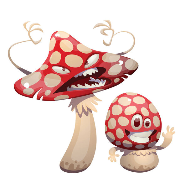 Funny evil and little happy amanita-mushrooms 