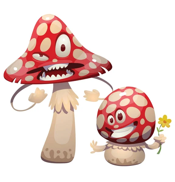 Funny evil and little happy amanita-mushrooms — Stock Vector