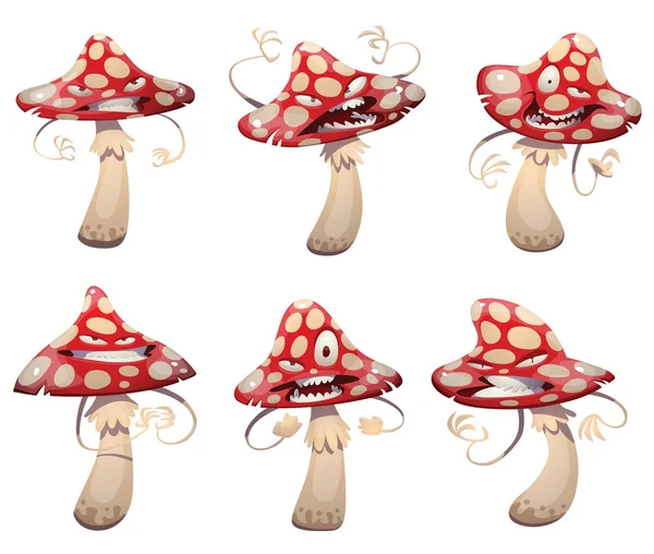 Set di divertenti funghi amanita malvagi — Vettoriale Stock