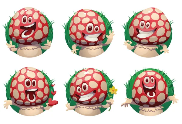 Conjunto de quadros gramados com pouco engraçado feliz amanita-cogumelos —  Vetores de Stock