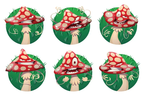 Ensemble de cadres herbeux avec amanita-champignons maléfiques drôles — Image vectorielle